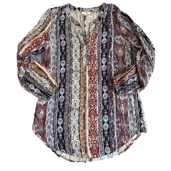 Umgee Women's Top Boho Tunic V-Neck Stiped Mosaic Cinched Cuff Multicolor Small - Picture 1 of 8